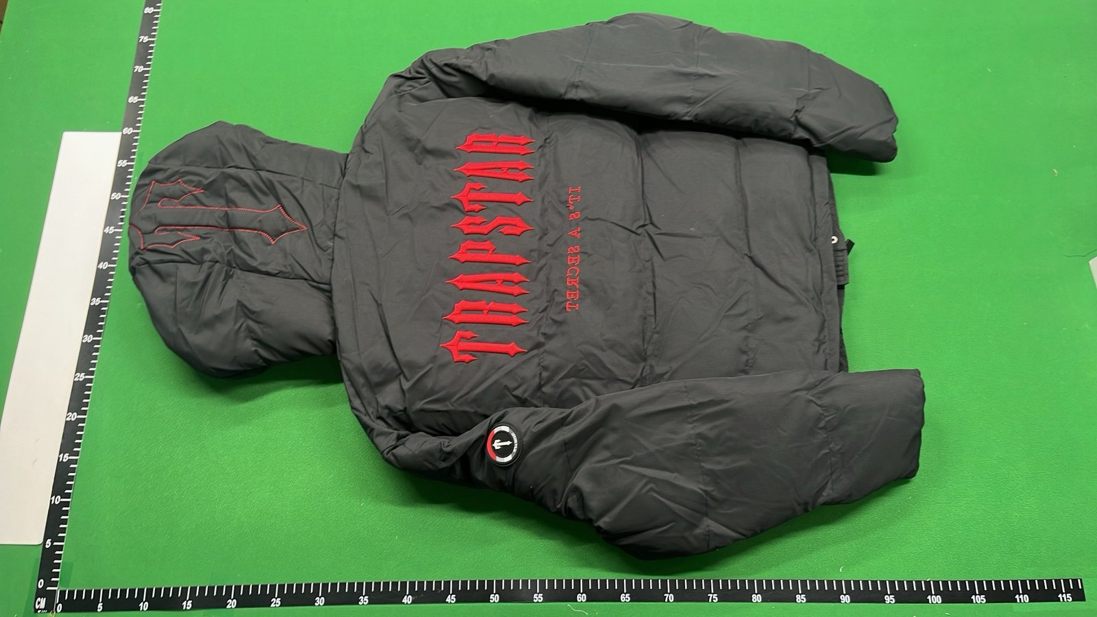 Black Down Jacket with Red Graphic Hoodie