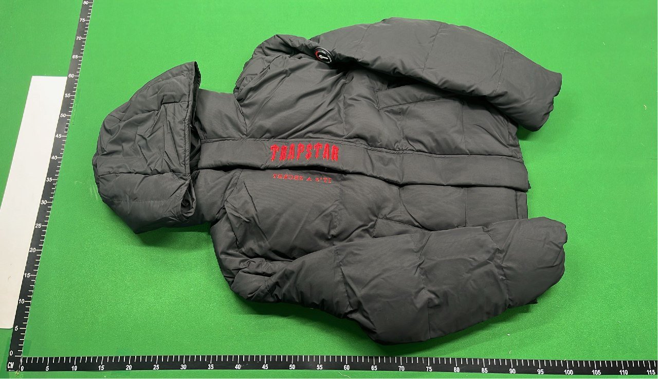 Black Down Jacket with Red Graphic Hoodie