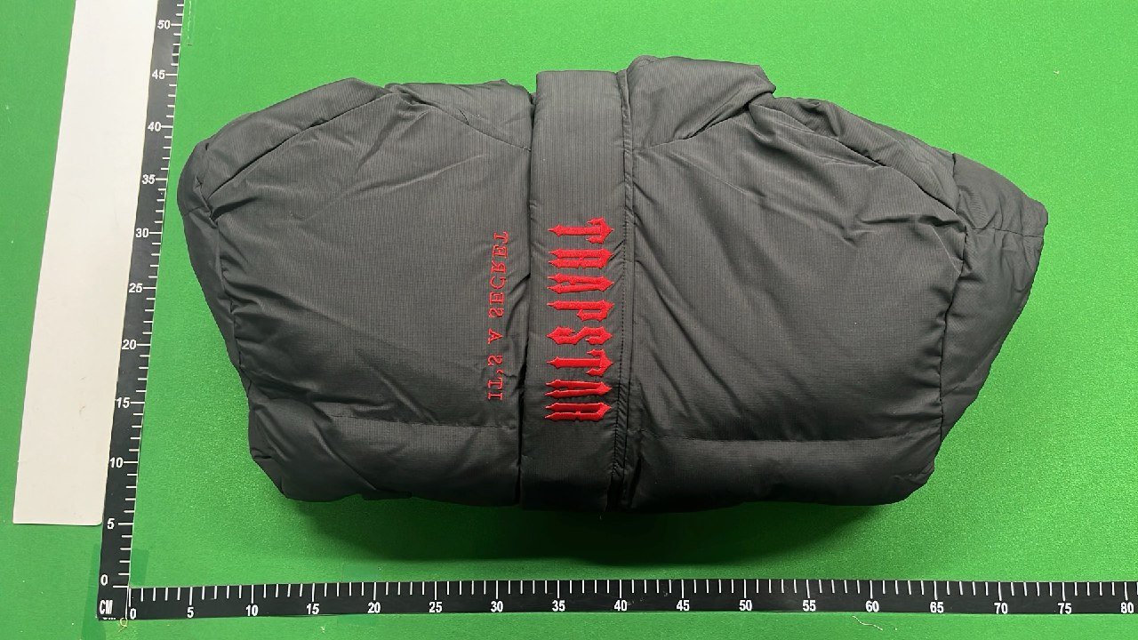 Black Down Jacket with Red Graphic Hoodie